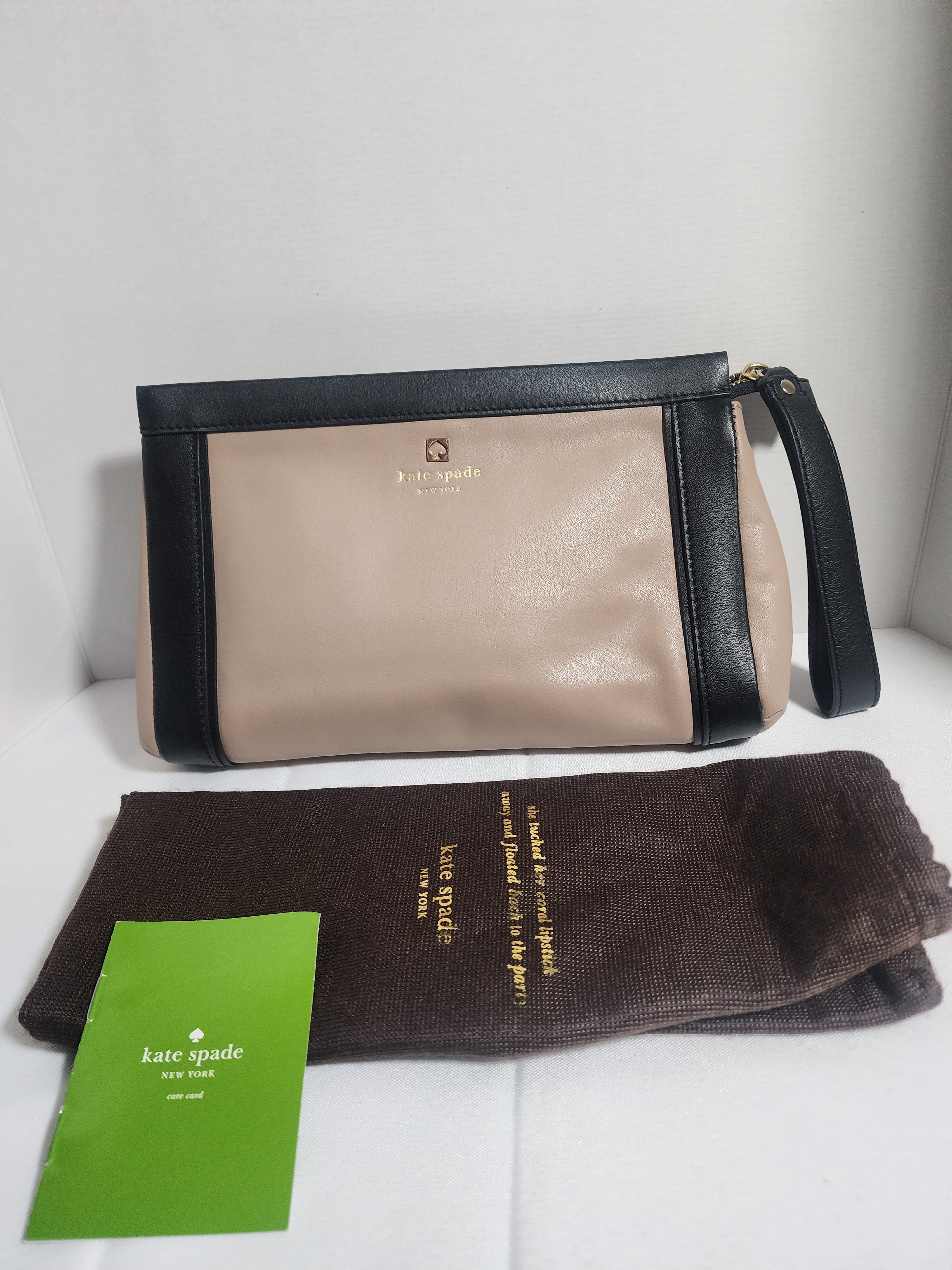 Kate Spade " Hudson Street" Beige And Black Leather Wristlet Clutch